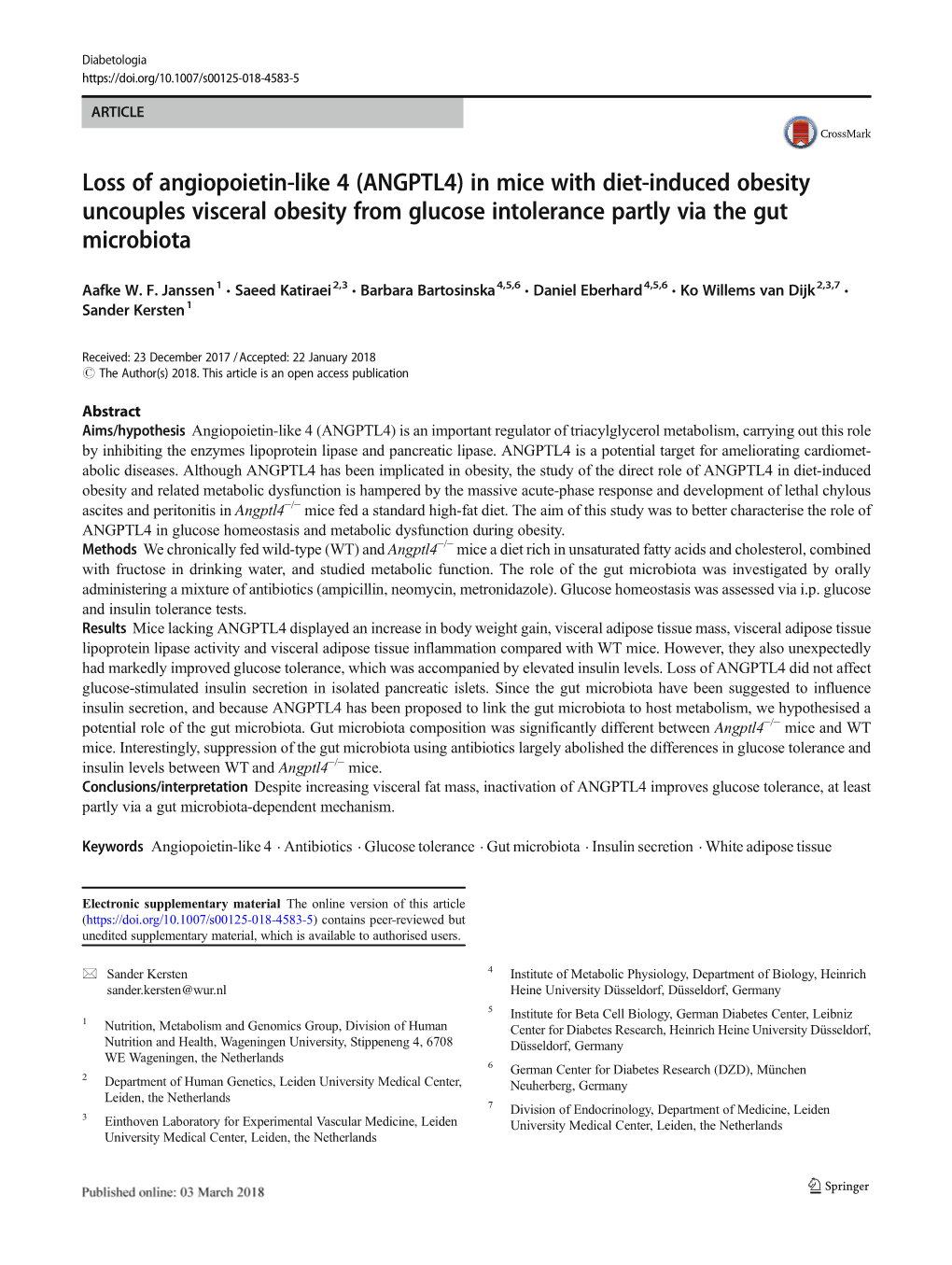 Loss of Angiopoietin-Like 4 (ANGPTL4) in Mice with Diet-Induced Obesity Uncouples Visceral Obesity from Glucose Intolerance Partly Via the Gut Microbiota