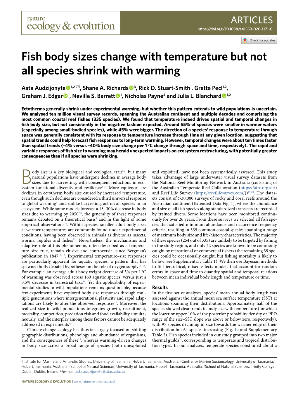 Fish Body Sizes Change with Temperature but Not All Species Shrink with Warming