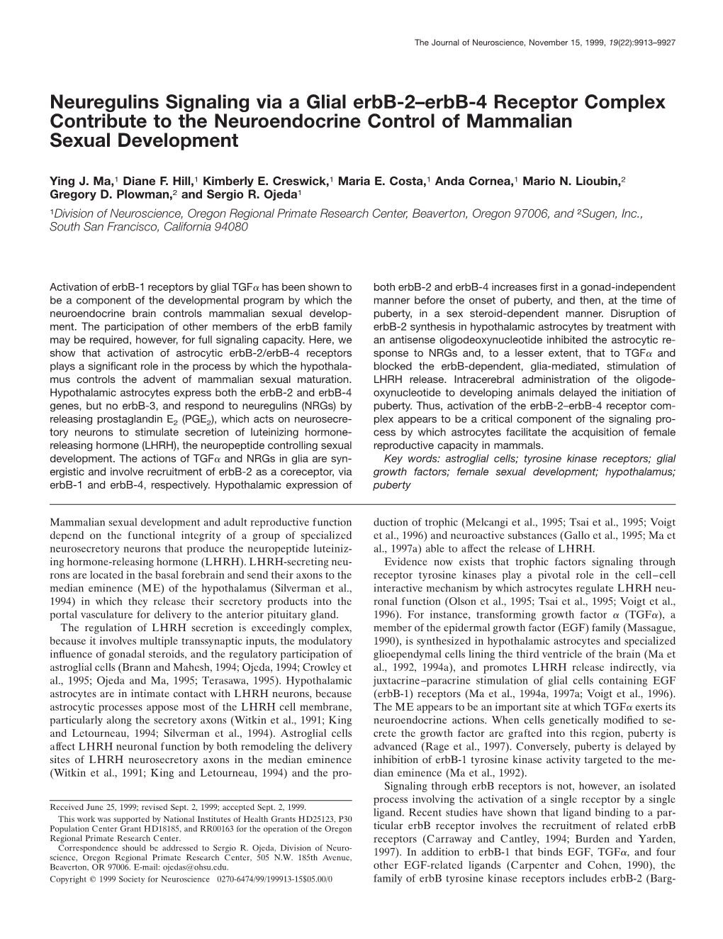 Neuregulins Signaling Via a Glial Erbb-2–Erbb-4 Receptor Complex Contribute to the Neuroendocrine Control of Mammalian Sexual Development