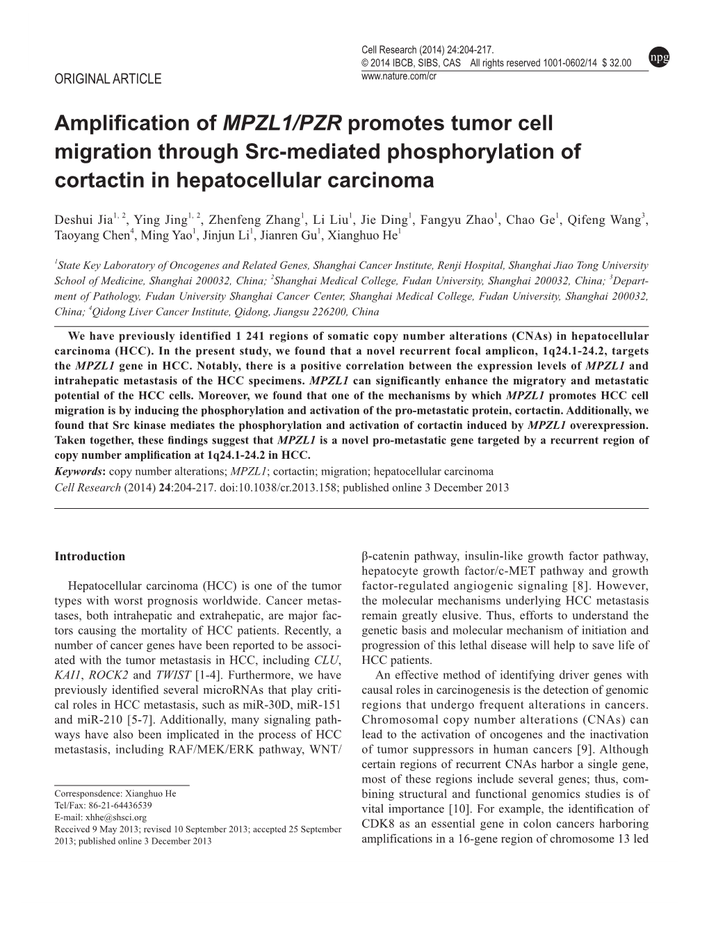 Amplification of MPZL1/PZR Promotes Tumor Cell Migration Through Src