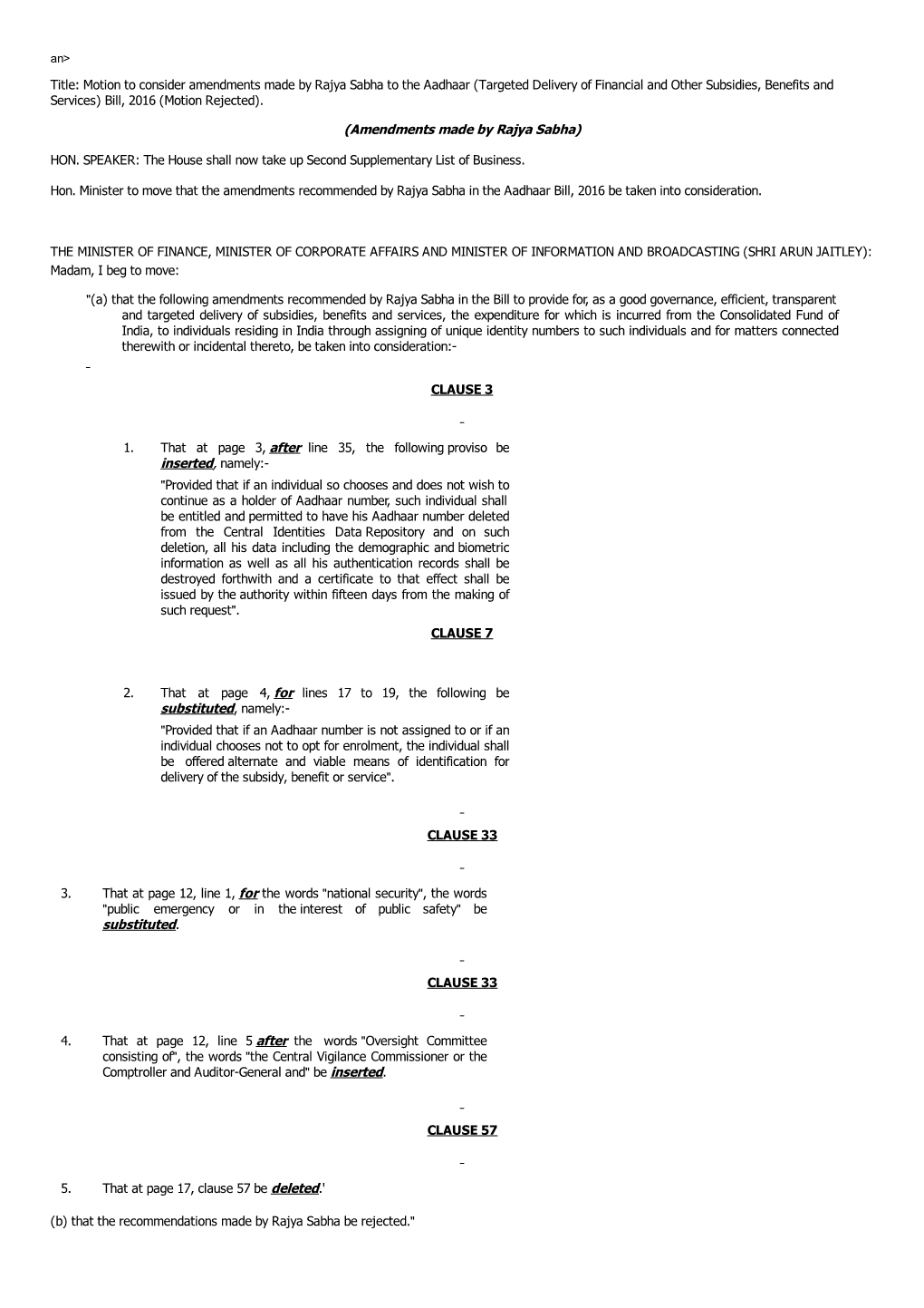 Motion to Consider Amendments Made by Rajya Sabha to the Aadhaar