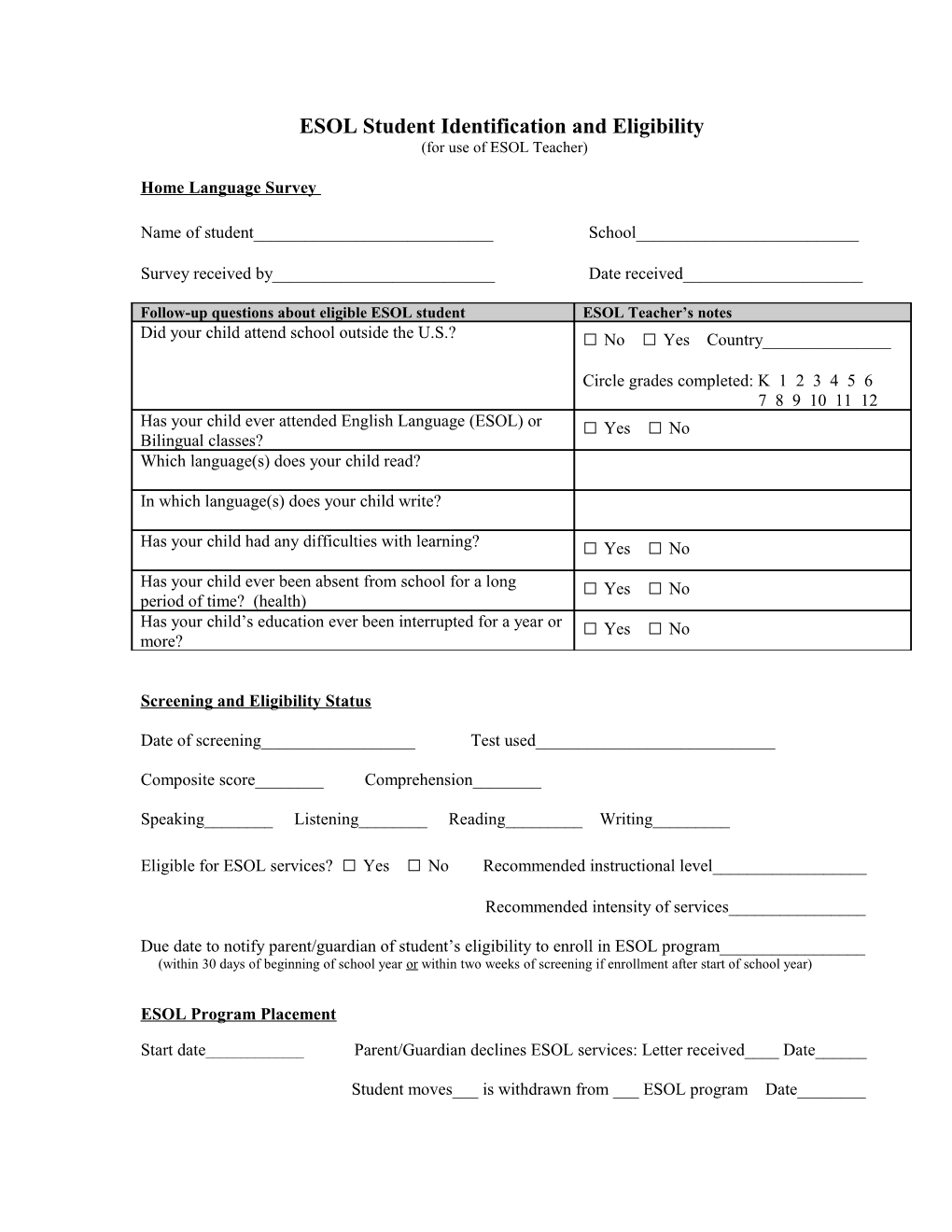 ESOL Student Identification and Eligibility