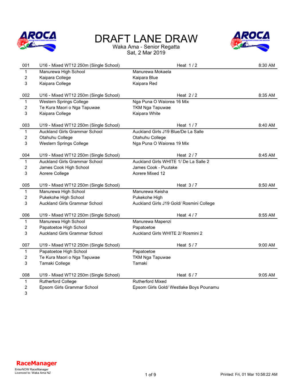 DRAFT LANE DRAW Waka Ama - Senior Regatta Sat, 2 Mar 2019