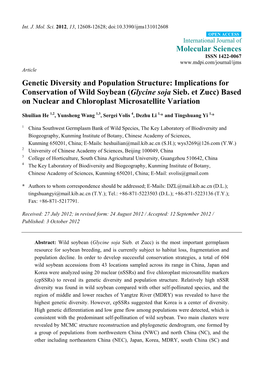 Genetic Diversity and Population Structure: Implications for Conservation of Wild Soybean (Glycine Soja Sieb