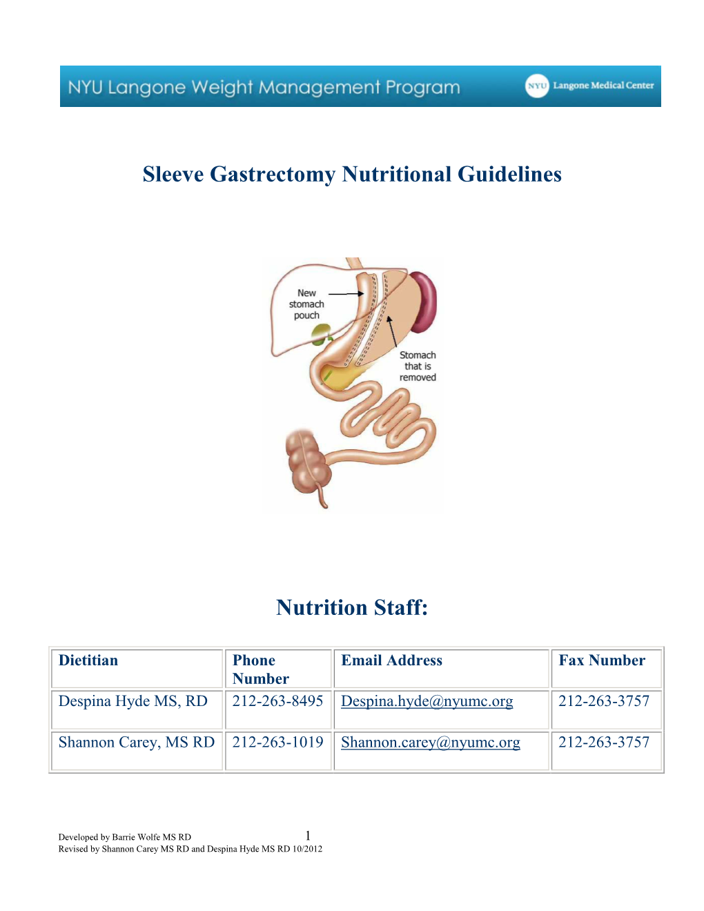 Sleeve Gastrectomy Nutritional Guidelines Nutrition Staff