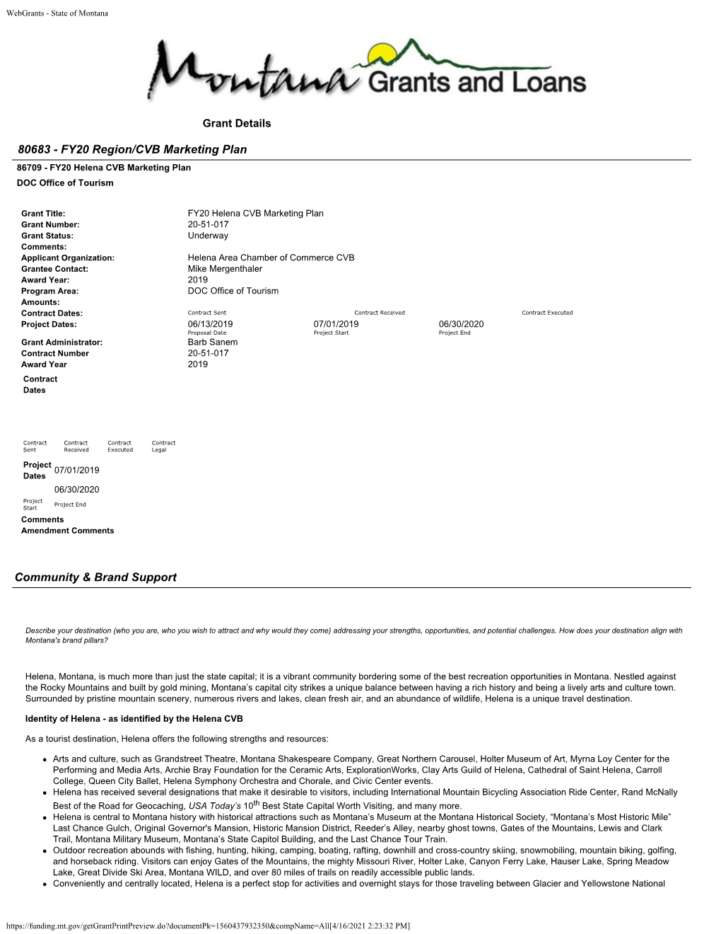 FY20 Region/CVB Marketing Plan 86709 - FY20 Helena CVB Marketing Plan DOC Office of Tourism