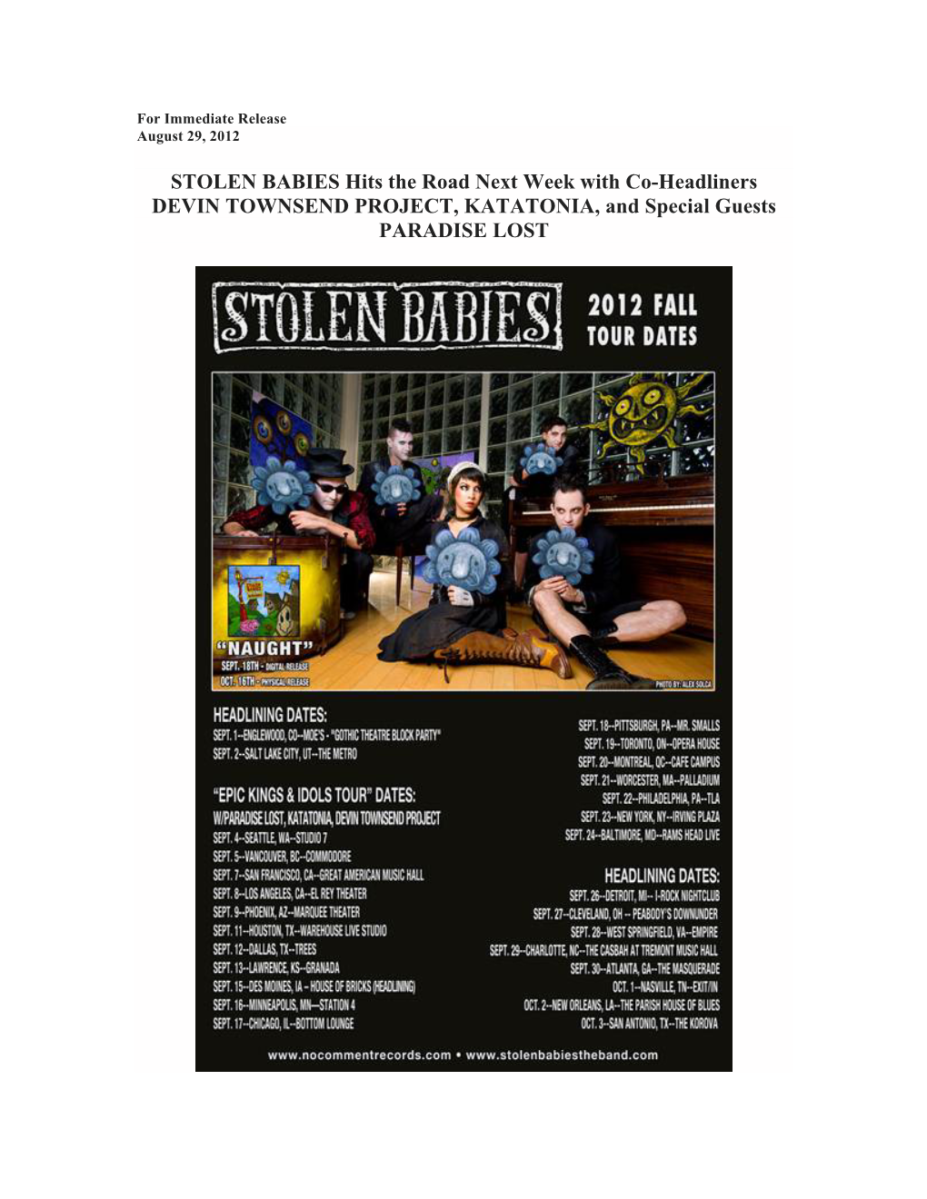 STOLEN BABIES Hits the Road Next Week with Co-Headliners DEVIN TOWNSEND PROJECT, KATATONIA, and Special Guests PARADISE LOST