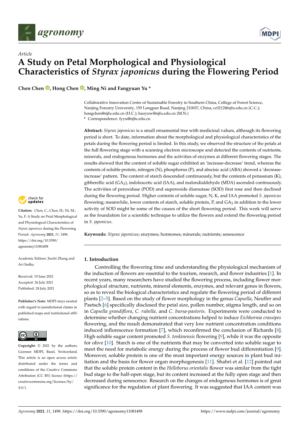 A Study on Petal Morphological and Physiological Characteristics of Styrax Japonicus During the Flowering Period