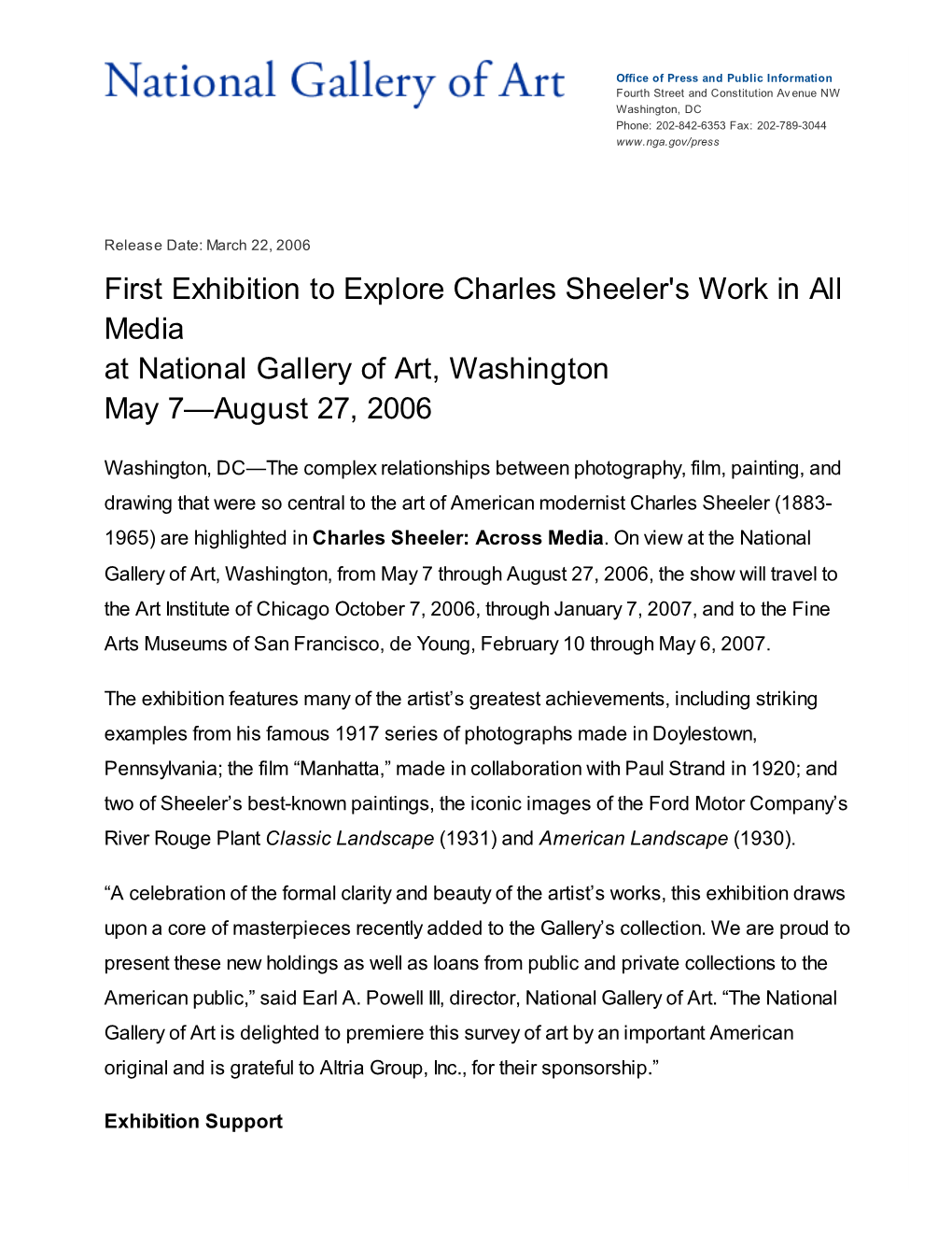 First Exhibition to Explore Charles Sheeler's Work in All Media at National Gallery of Art, Washington May 7—August 27, 2006