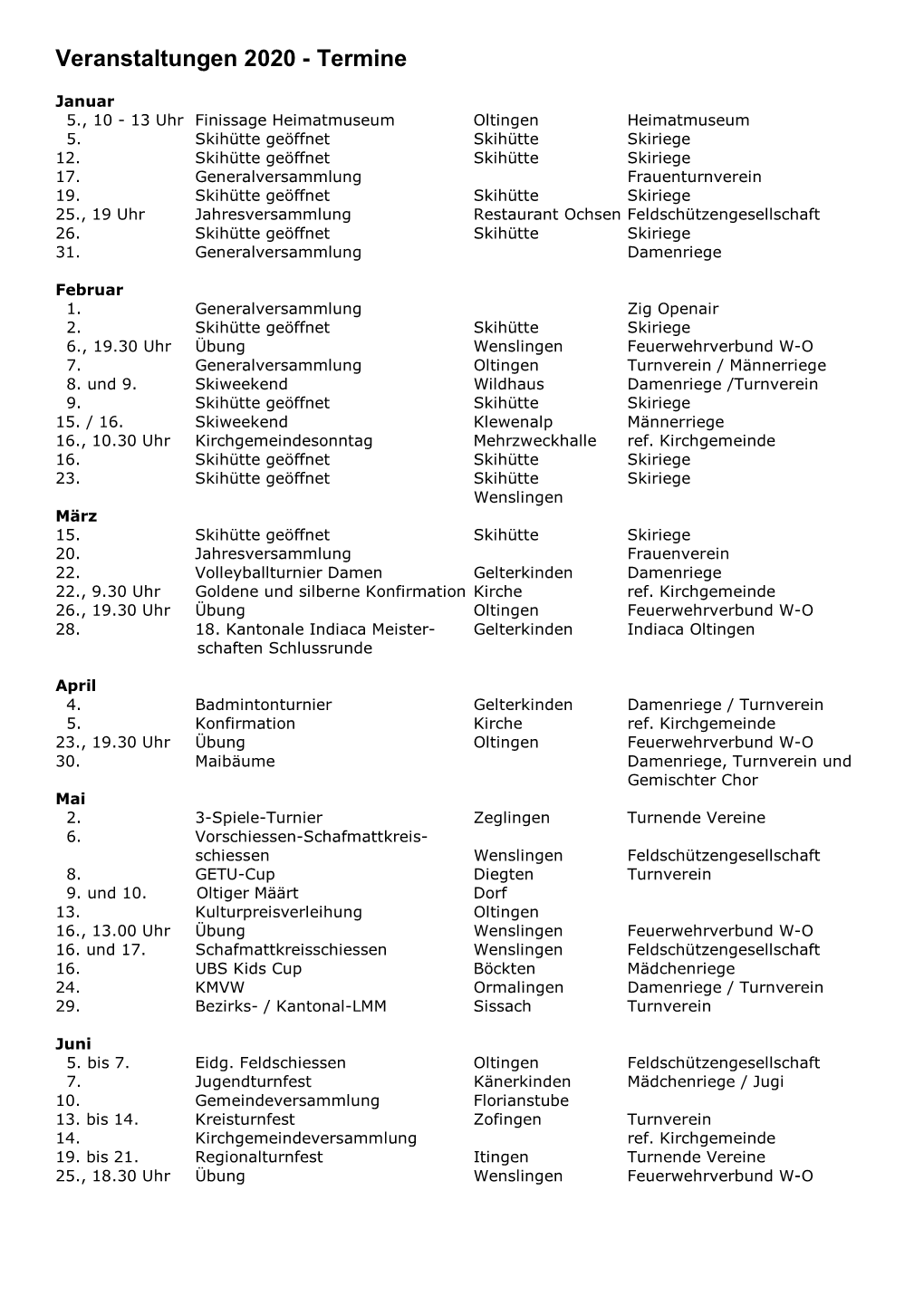 Veranstaltungen 2020 - Termine