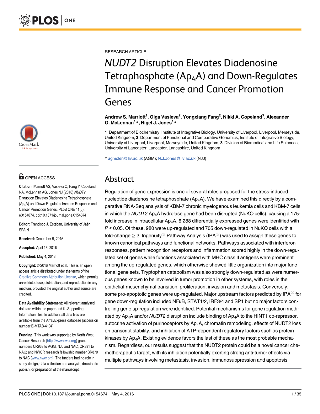 NUDT2 Disruption Elevates Diadenosine Tetraphosphate (Ap4a)