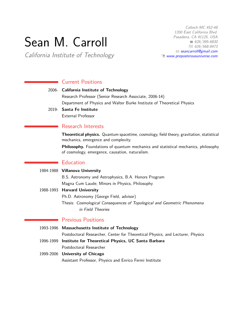 Sean M. Carroll U 626/568-8473 B Seancarroll@Gmail.Com California Institute of Technology Í