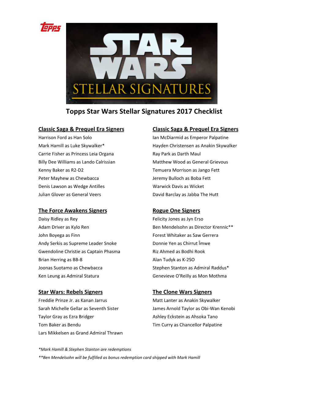 17 Star Wars Stellar Signatures Checklist