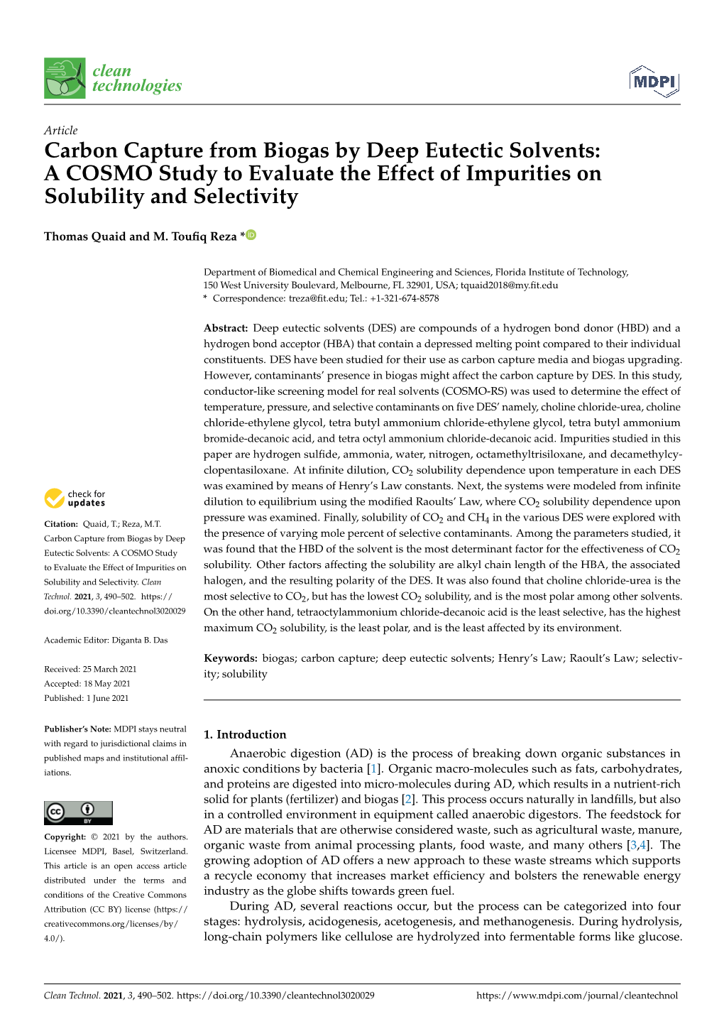 Carbon Capture from Biogas by Deep Eutectic Solvents: a COSMO Study to Evaluate the Effect of Impurities on Solubility and Selectivity