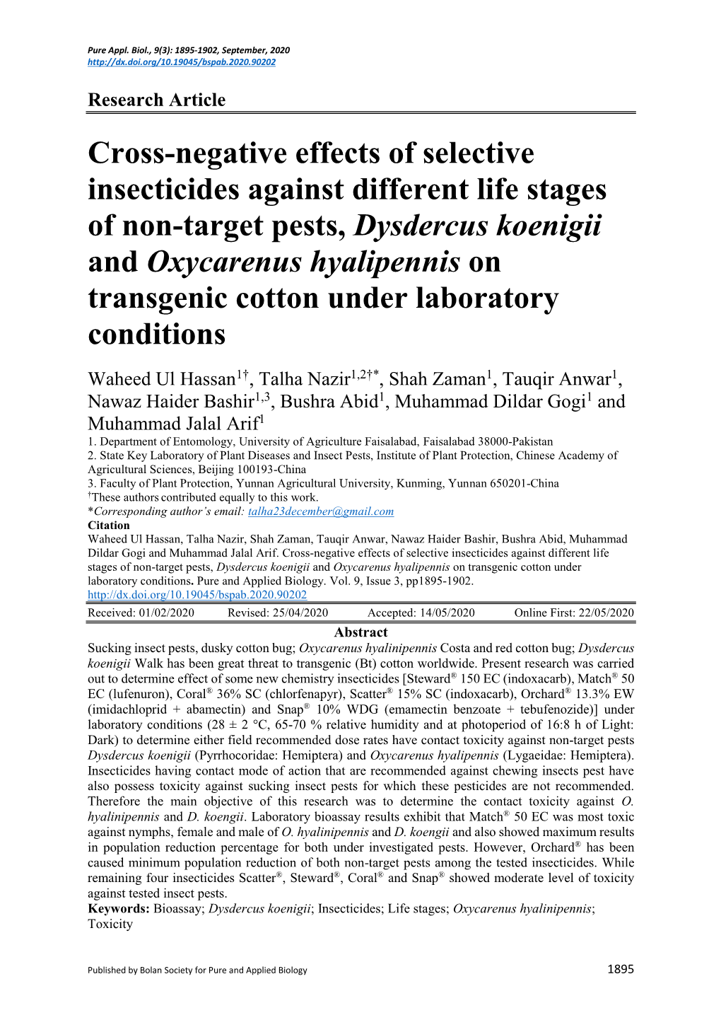 Cross-Negative Effects of Selective Insecticides Against Different Life Stages of Non-Target Pests, Dysdercus Koenigii and Oxyca