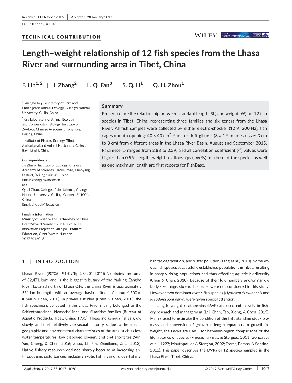 Weight Relationship of 12 Fish Species from the Lhasa River and Surrounding Area in Tibet, China