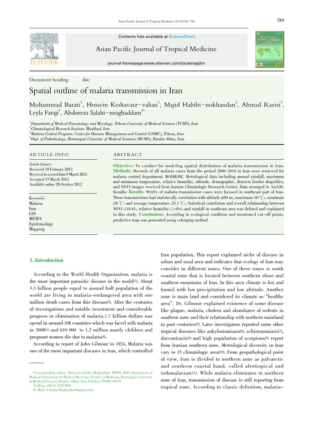 Spatial Outline of Malaria Transmission in Iran