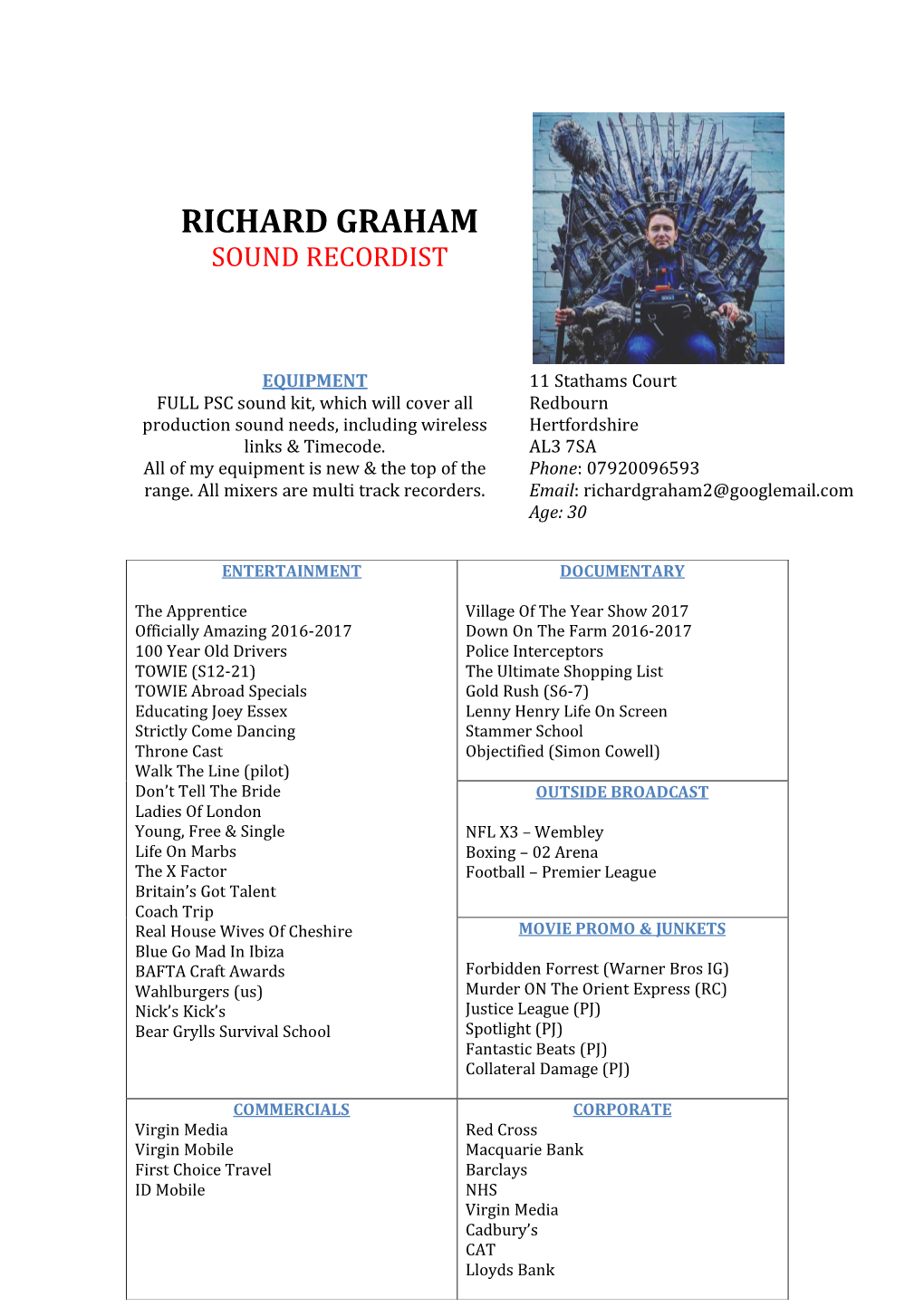 Richard Graham Sound Recordist