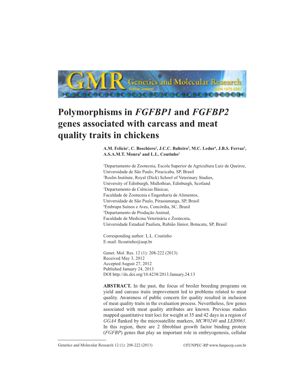 Polymorphisms in FGFBP1 and FGFBP2 Genes Associated with Carcass and Meat Quality Traits in Chickens