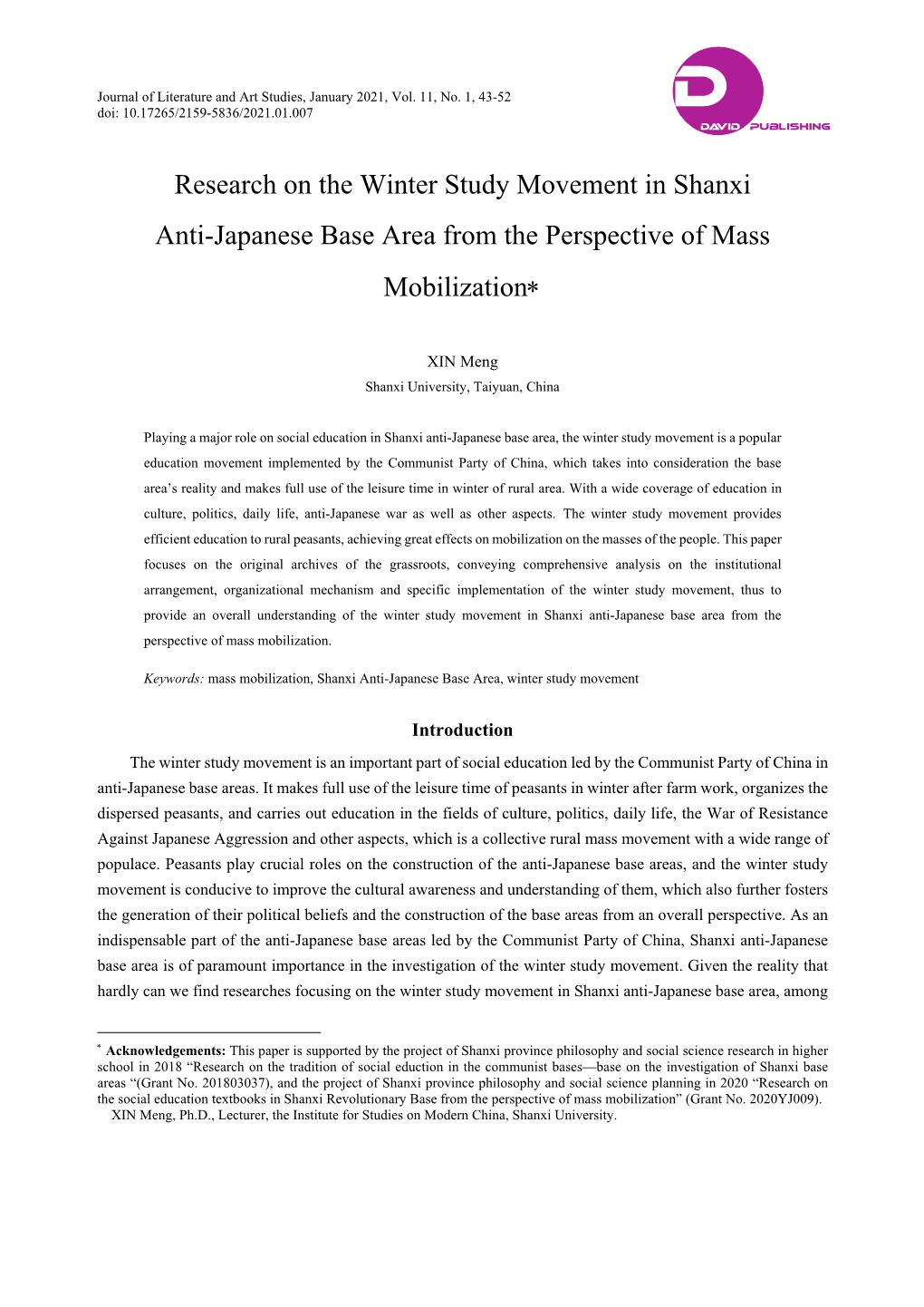 Research on the Winter Study Movement in Shanxi Anti-Japanese Base Area from the Perspective of Mass Mobilization