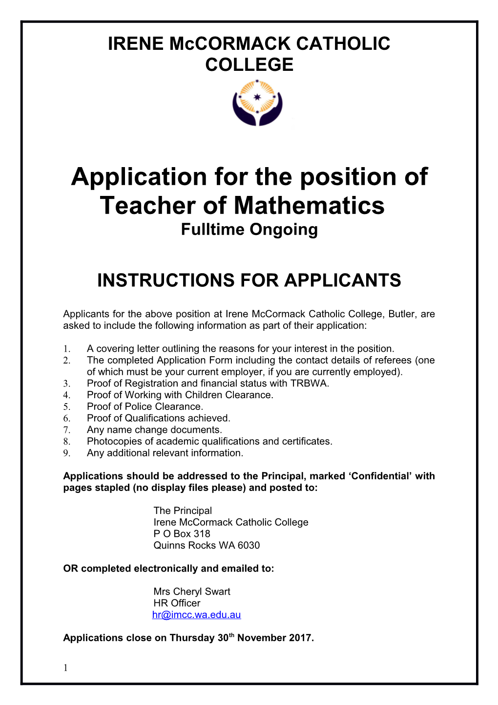 Application For The Position Of Teacher