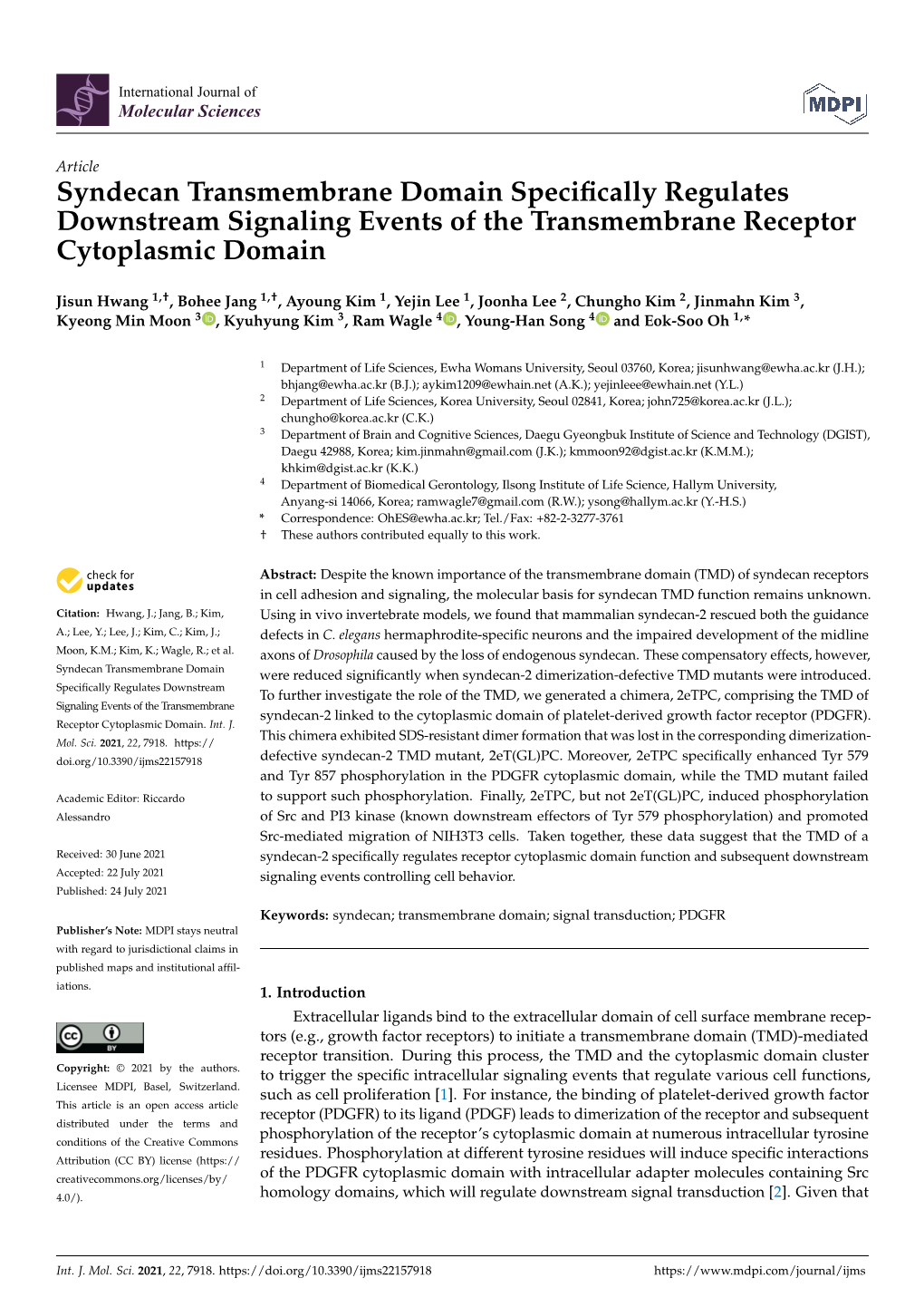 Syndecan Transmembrane Domain Specifically Regulates Downstream