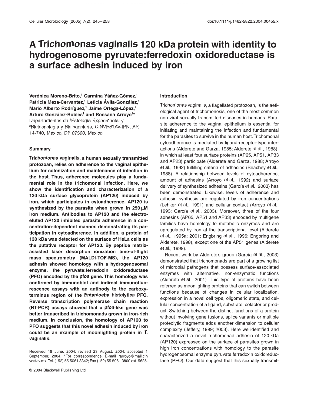 A Trichomonas Vaginalis 120 Kda Protein with Identity to Hydrogenosome Pyruvate:Ferredoxin Oxidoreductase Is a Surface Adhesin Induced by Iron