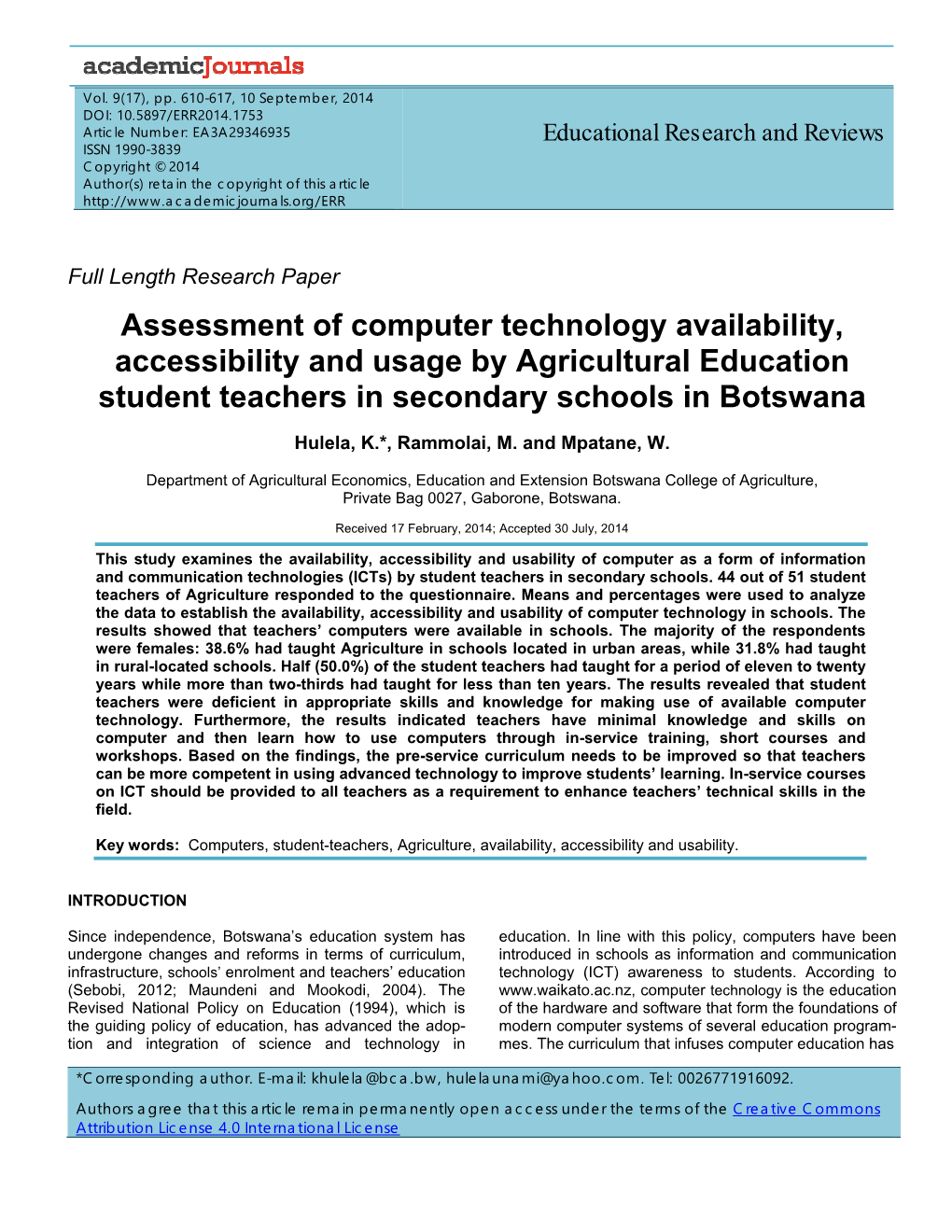 Assessment of Computer Technology Availability, Accessibility and Usage by Agricultural Education Student Teachers in Secondary Schools in Botswana