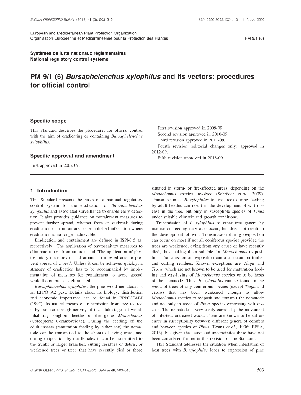 PM 9/1 (6) Bursaphelenchus Xylophilus and Its Vectors: Procedures for Ofﬁcial Control