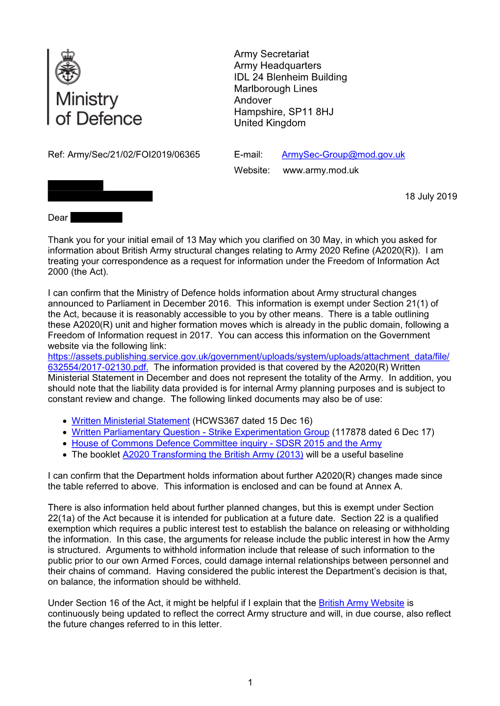Information Regarding the British Army Structural Changes Relating to Army