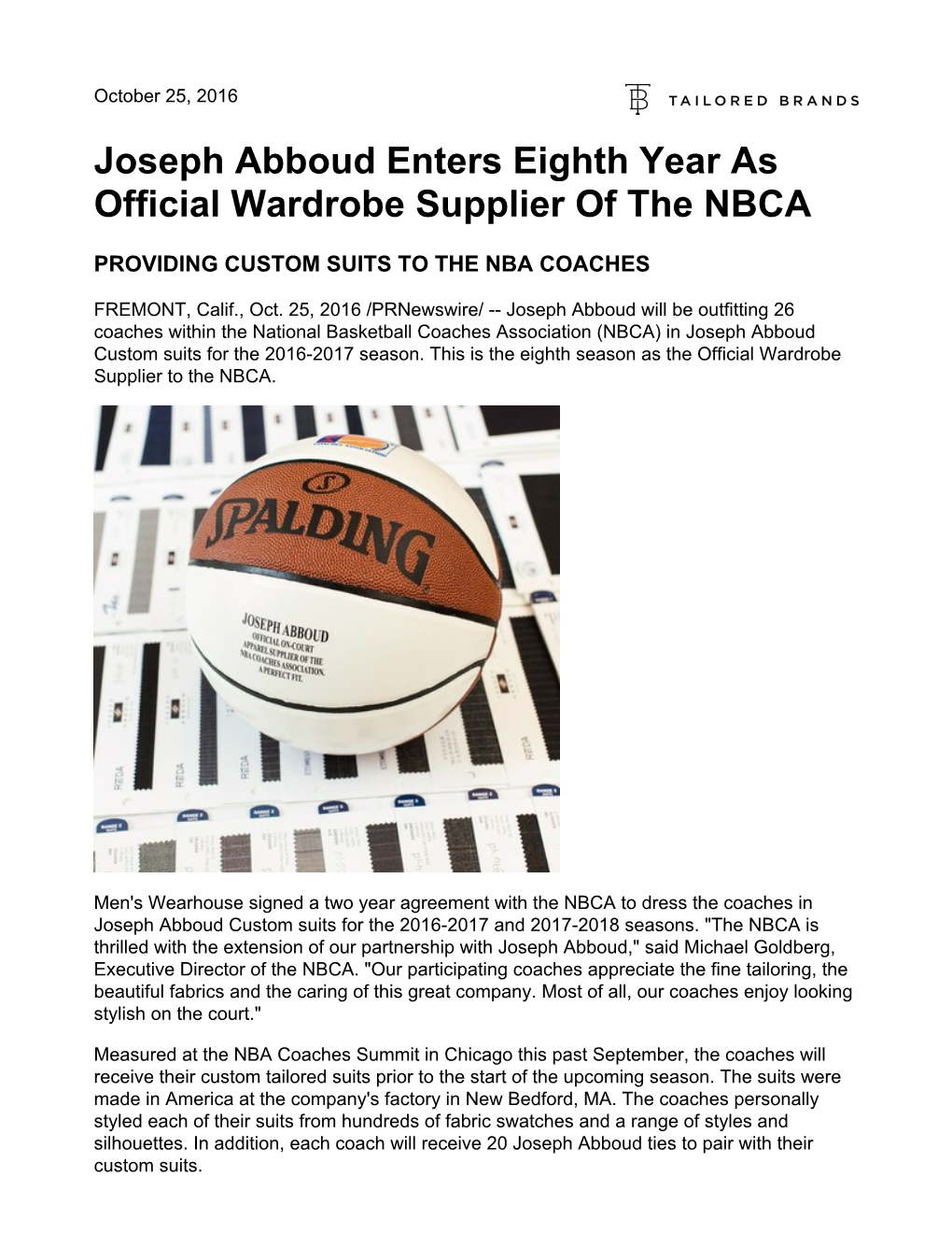 Joseph Abboud Enters Eighth Year As Official Wardrobe Supplier of the NBCA