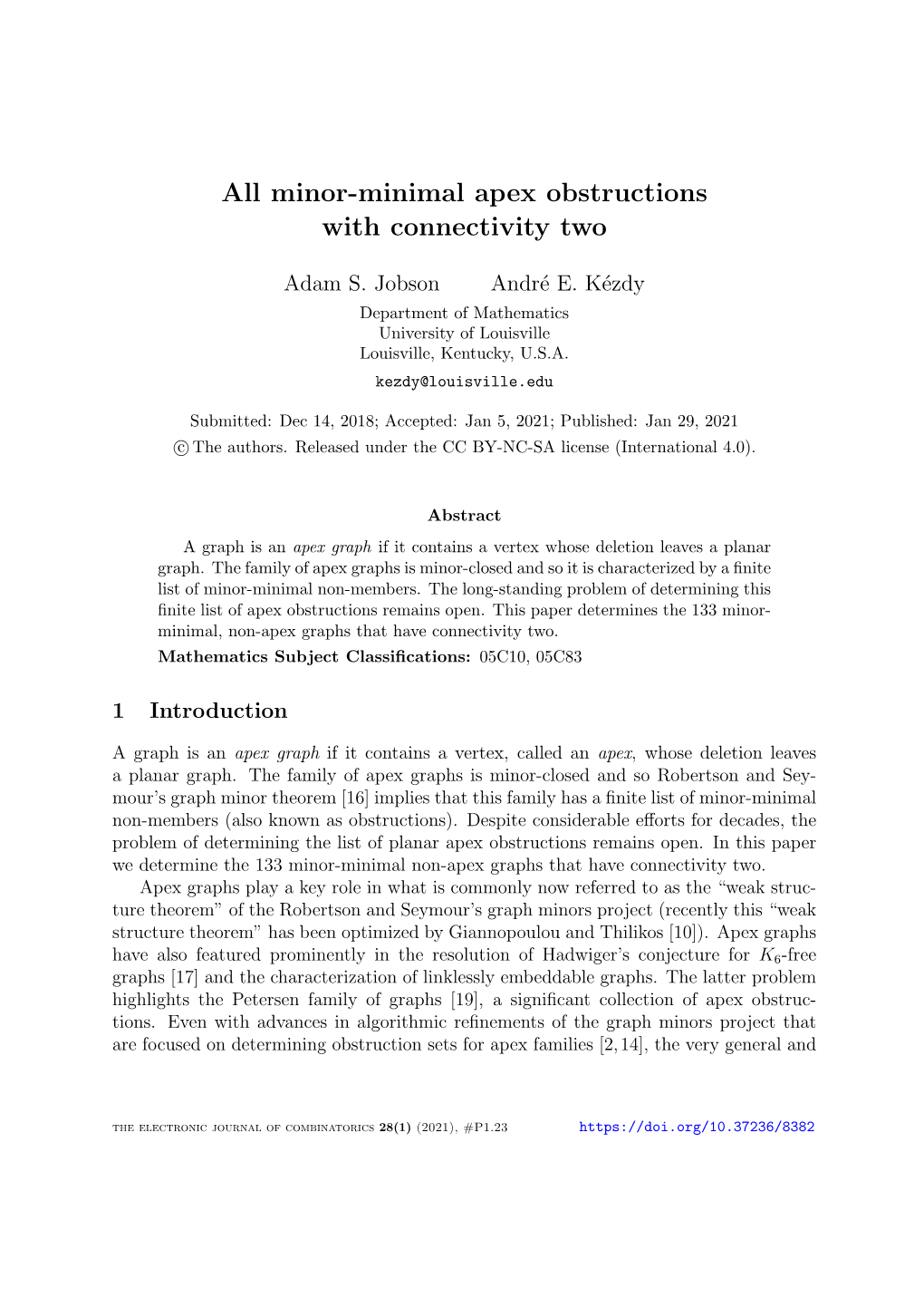 All Minor-Minimal Apex Obstructions with Connectivity Two