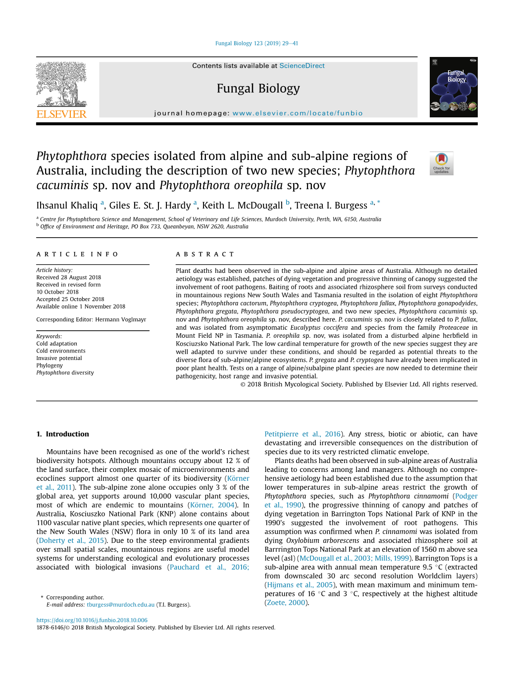 Phytophthora Species Isolated from Alpine and Sub-Alpine Regions of Australia, Including the Description of Two New Species; Phytophthora Cacuminis Sp