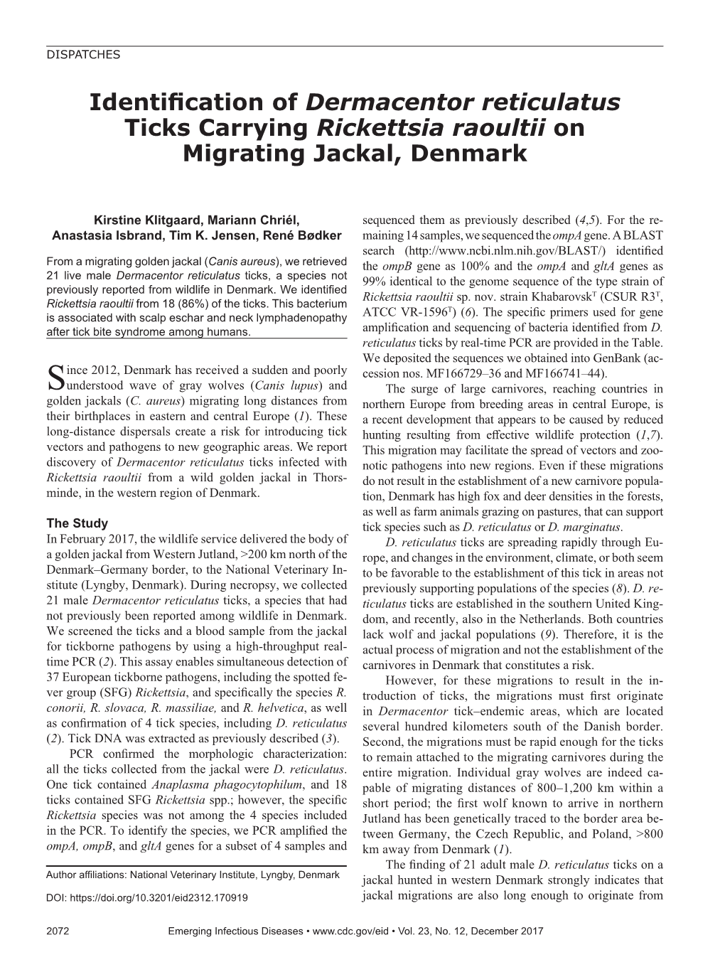 Identification of Dermacentor Reticulatus Ticks Carrying Rickettsia