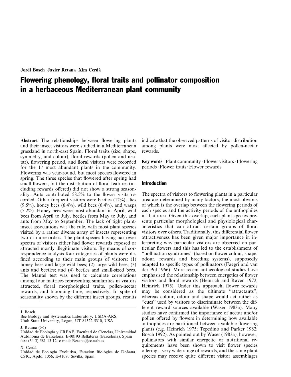 Flowering Phenology, Floral Traits and Pollinator Composition in A