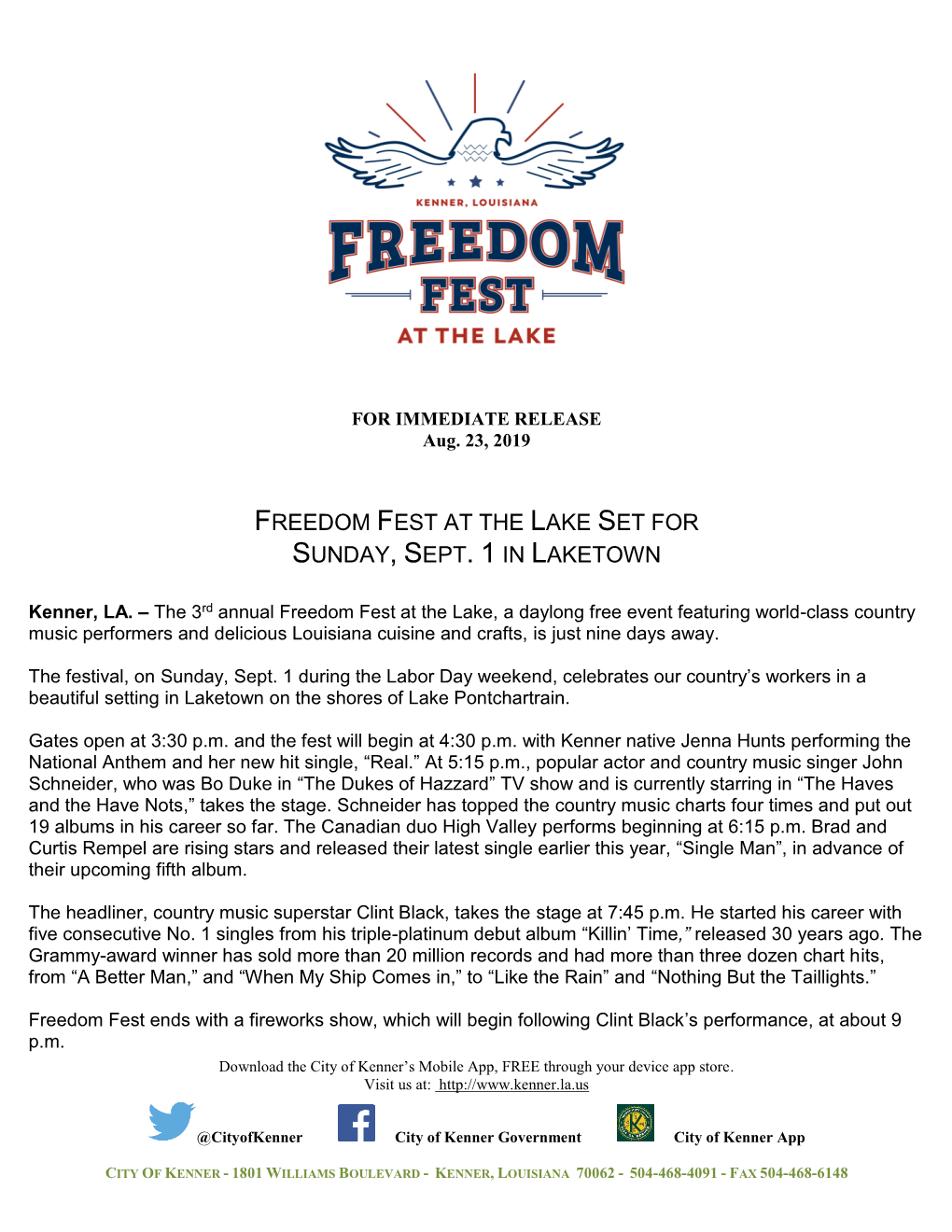 8/23/2019: Freedom Fest at the Lake Set for Sunday, Sept. 1 in Laketown