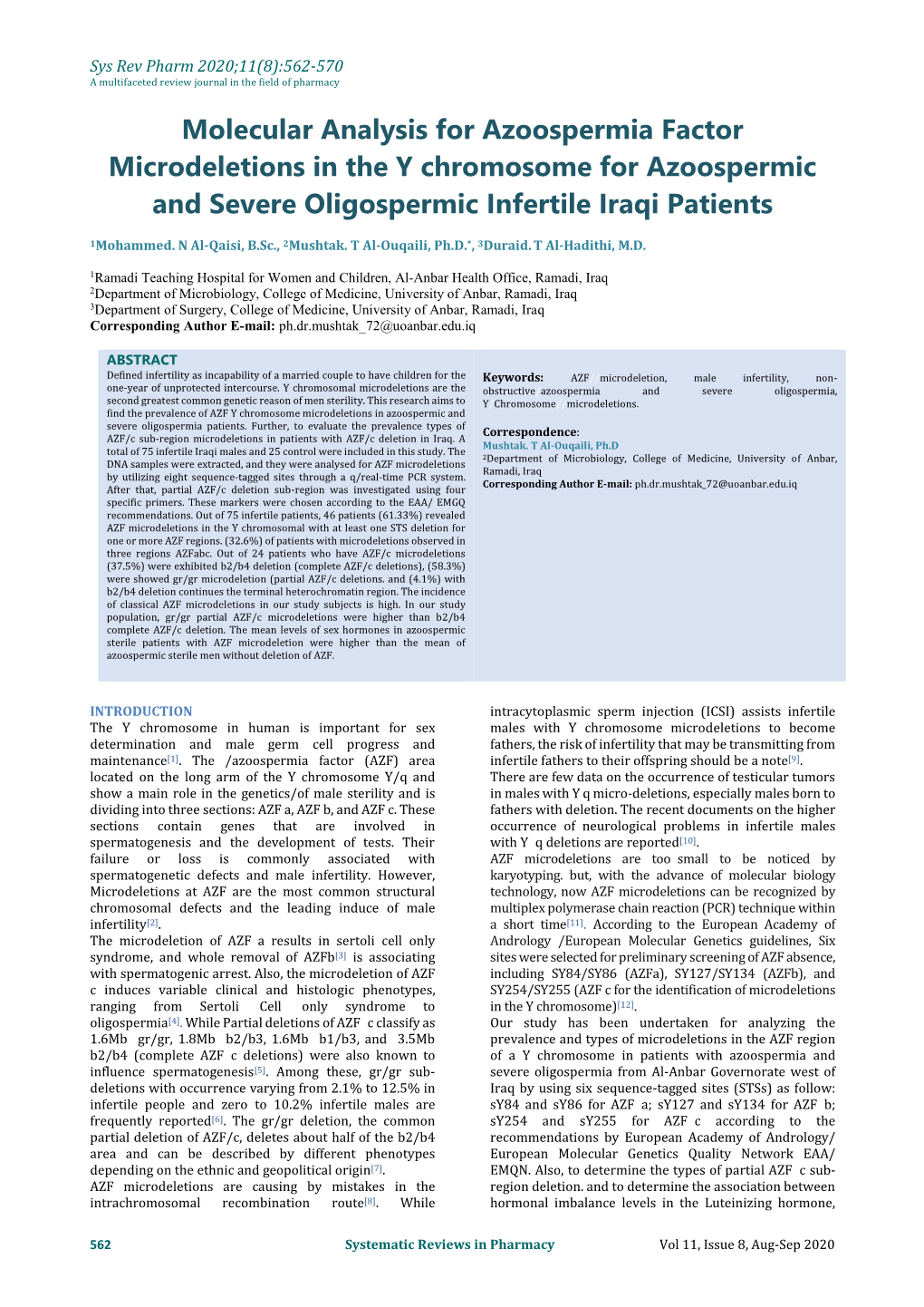 Molecular Analysis for Azoospermia Factor Microdeletions in the Y Chromosome for Azoospermic and Severe Oligospermic Infertile Iraqi Patients