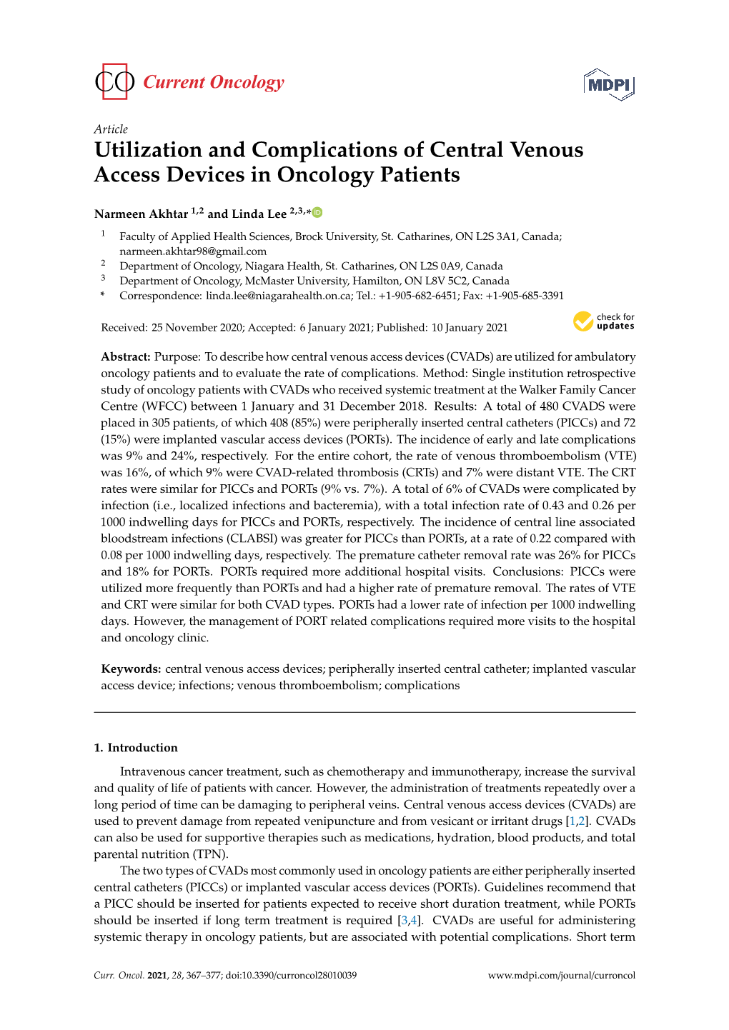 Utilization and Complications of Central Venous Access Devices in Oncology Patients