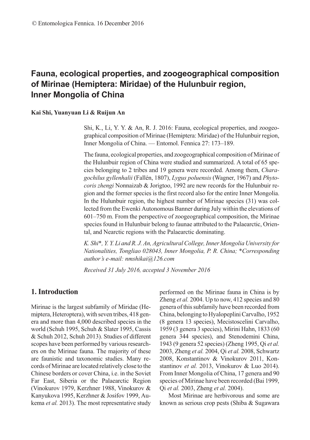 Hemiptera: Miridae) of the Hulunbuir Region, Inner Mongolia of China