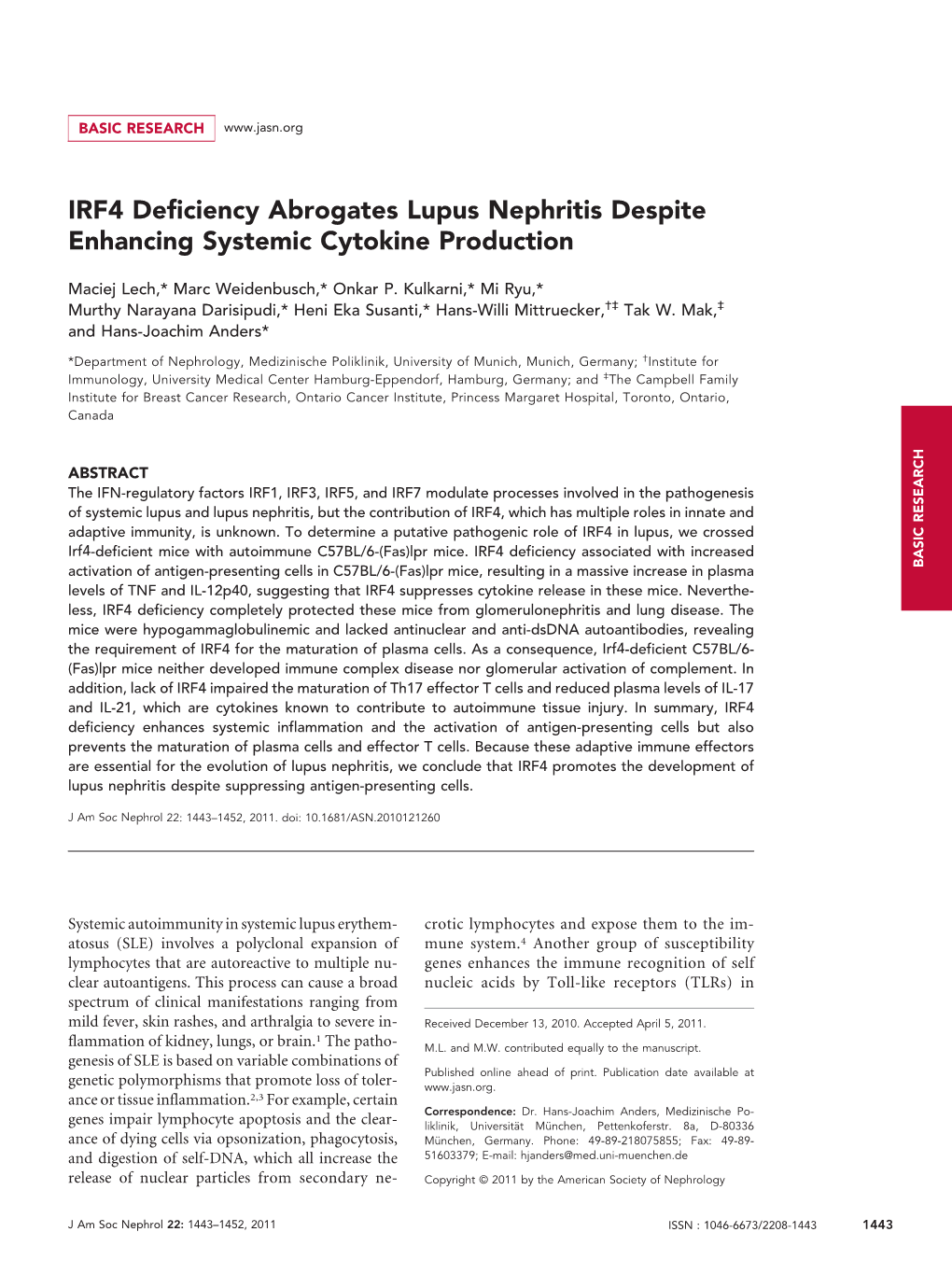 IRF4 Deficiency Abrogates Lupus Nephritis Despite Enhancing Systemic Cytokine Production