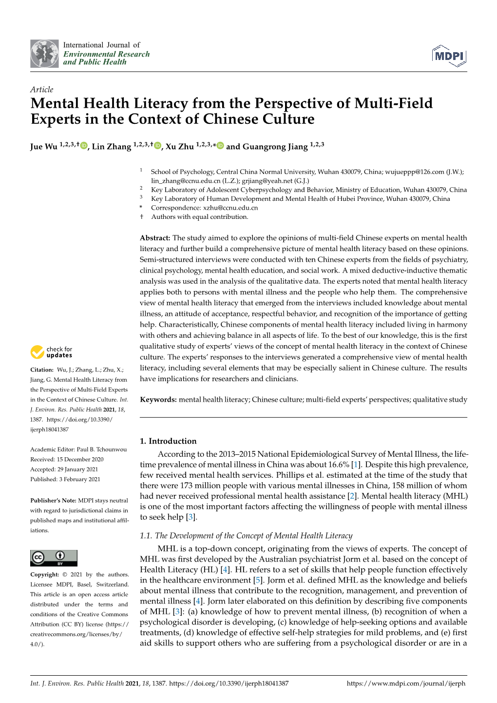 Mental Health Literacy from the Perspective of Multi-Field Experts in the Context of Chinese Culture