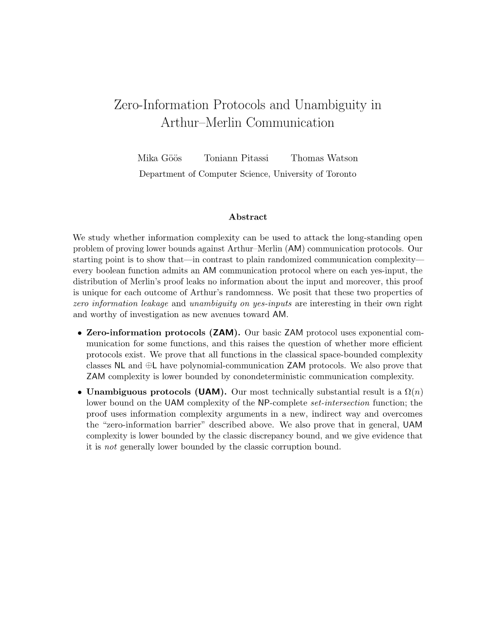 Zero-Information Protocols and Unambiguity in Arthur–Merlin Communication