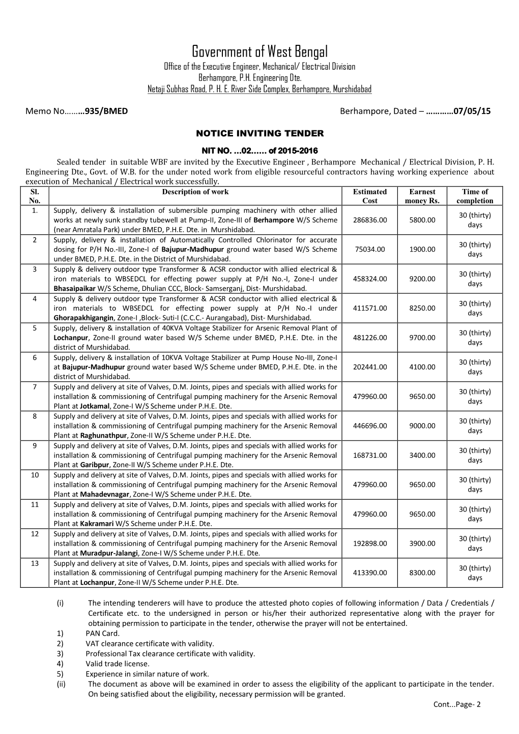 Government of West Bengal Office of the Executive Engineer, Mechanical/ Electrical Division Berhampore, P.H