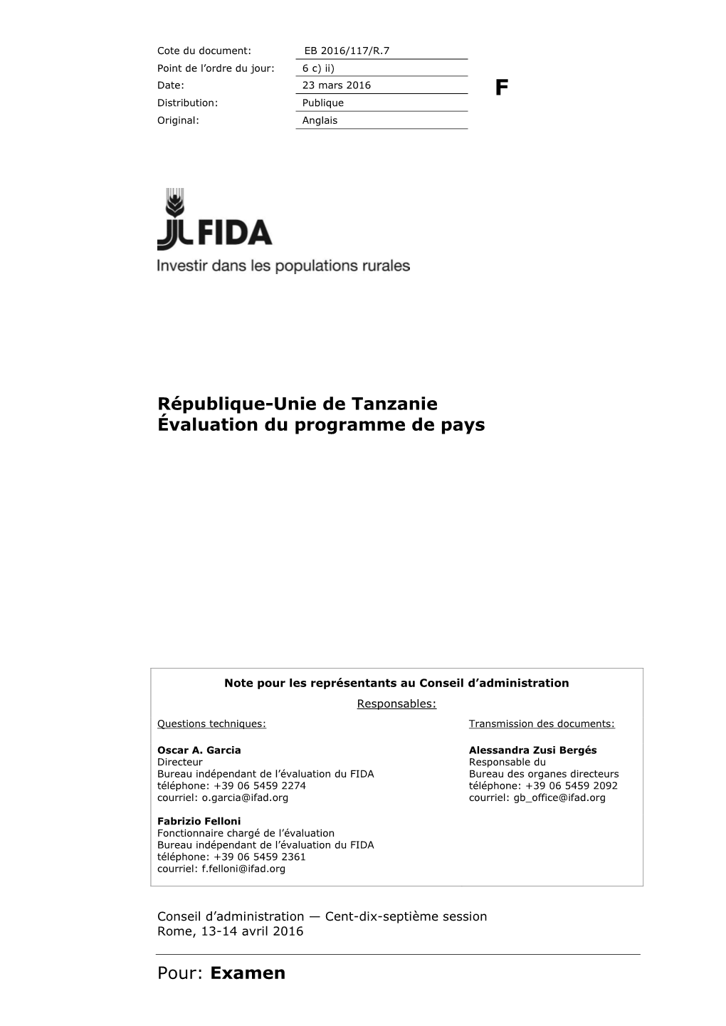 Pour: Examen République-Unie De Tanzanie Évaluation Du Programme De Pays