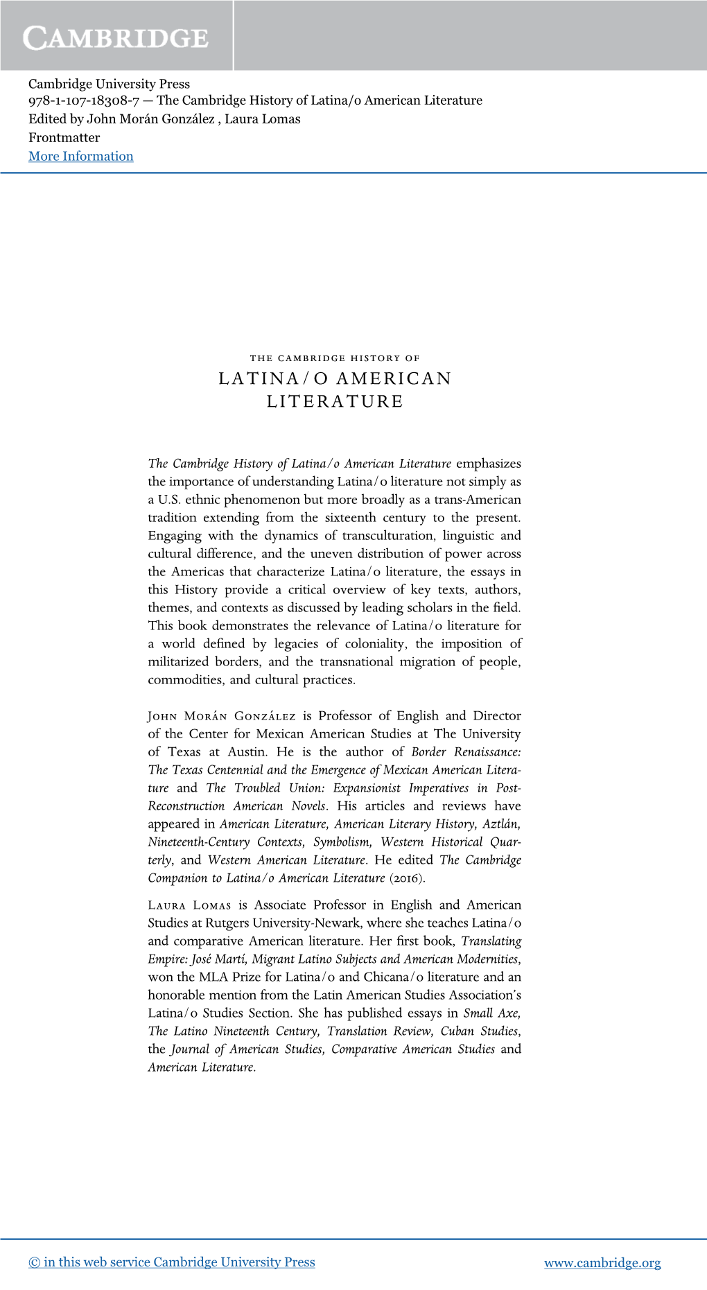 Latina/O American Literature Edited by John Morán González , Laura Lomas Frontmatter More Information