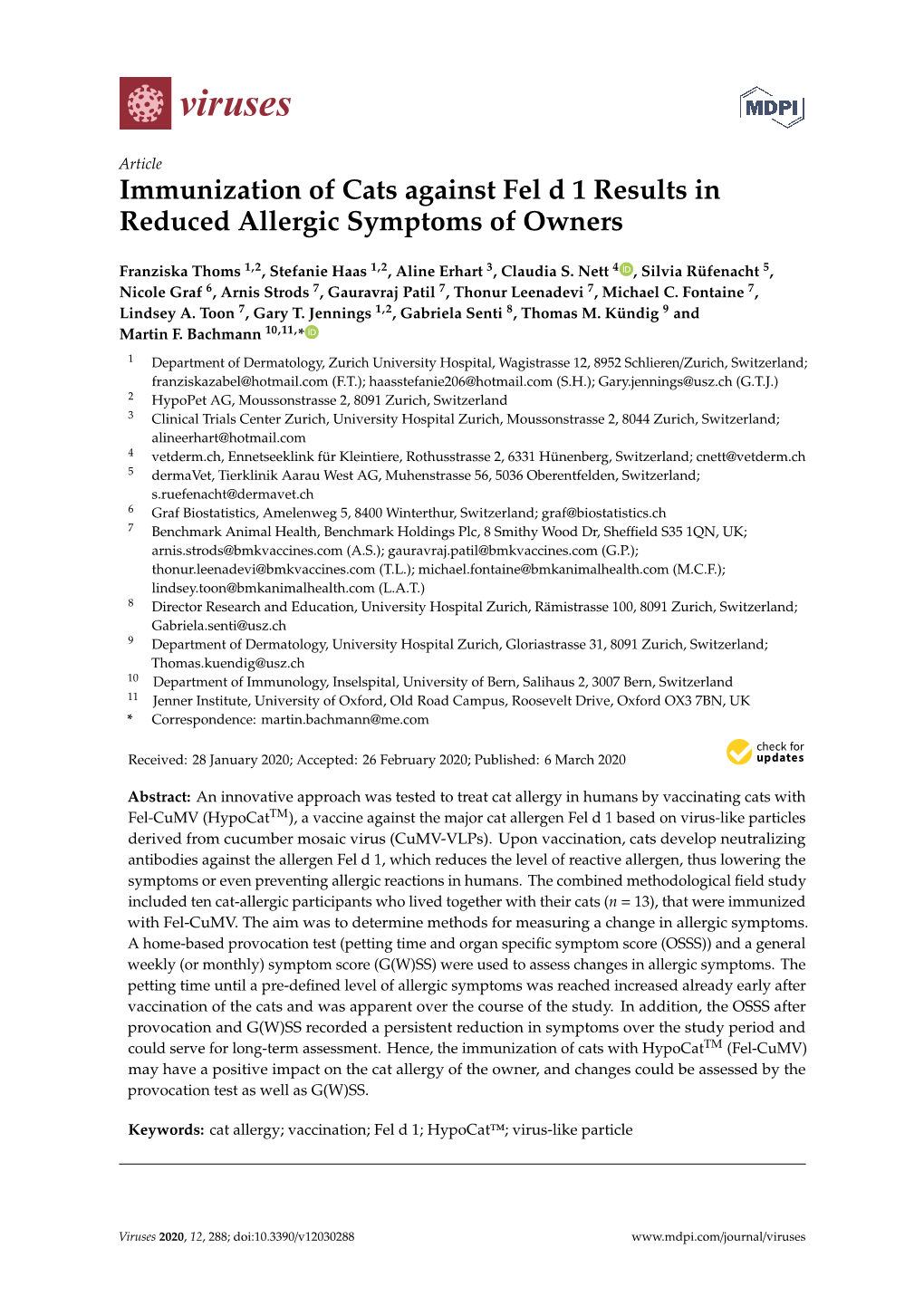 Immunization of Cats Against Fel D 1 Results in Reduced Allergic Symptoms of Owners