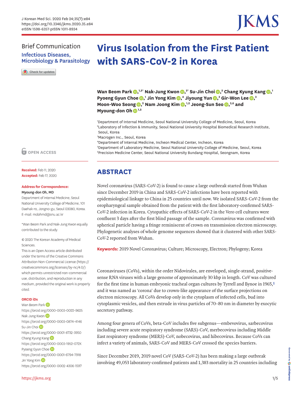 Virus Isolation from the First Patient with SARS-Cov-2 in Korea