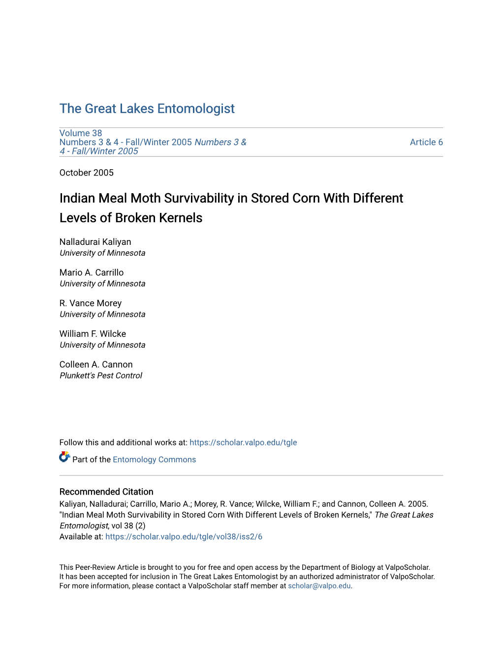 Indian Meal Moth Survivability in Stored Corn with Different Levels of Broken Kernels