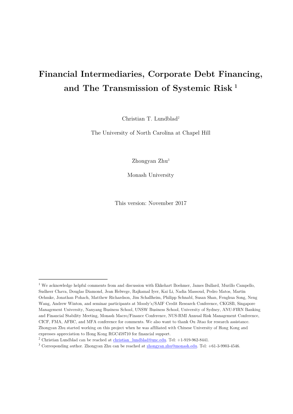 Financial Intermediaries, Corporate Debt Financing, and the Transmission of Systemic Risk 1