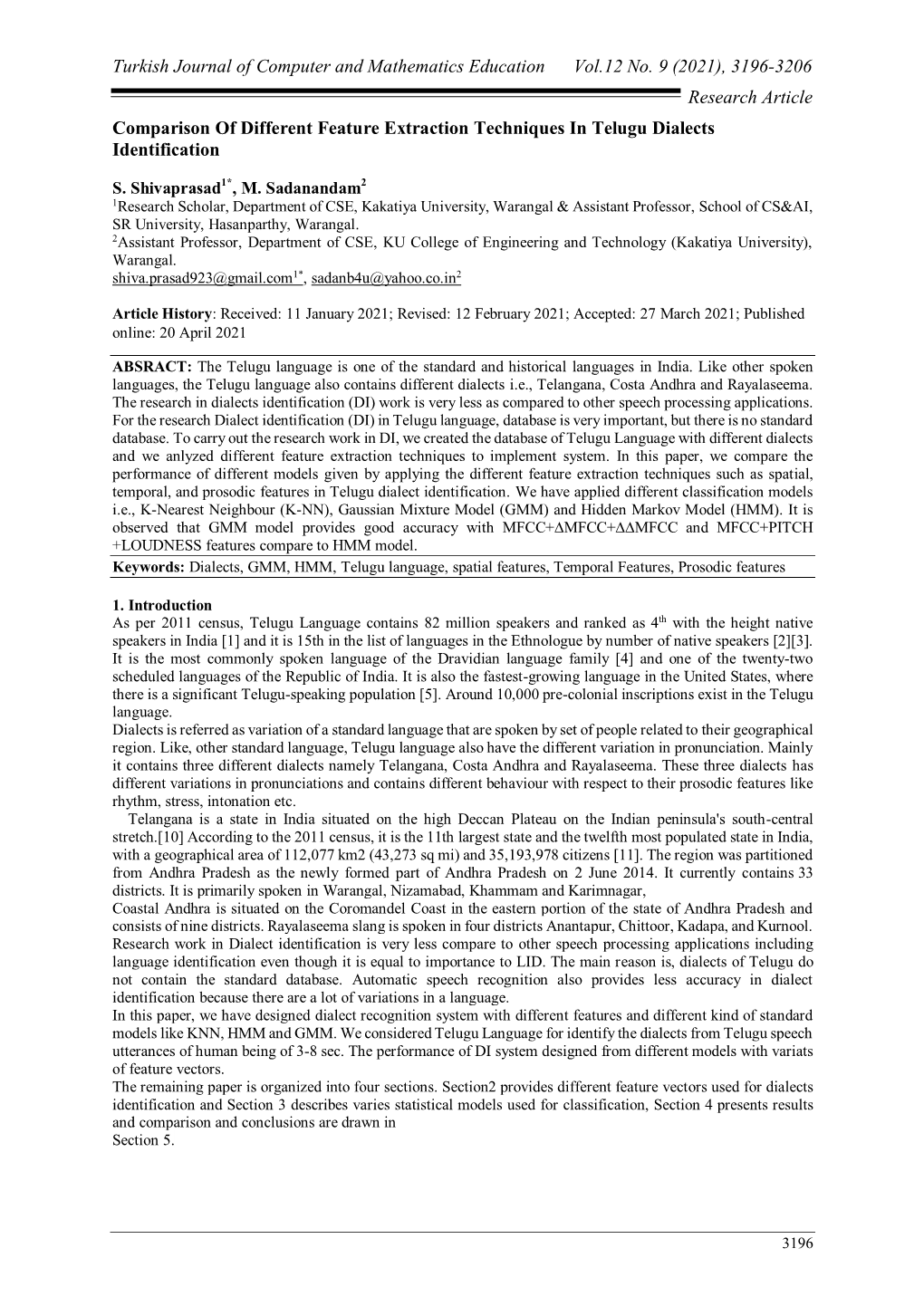 3196-3206 Research Article Comparison of Different Feature Extraction Techniques in Telugu Dialects Identification